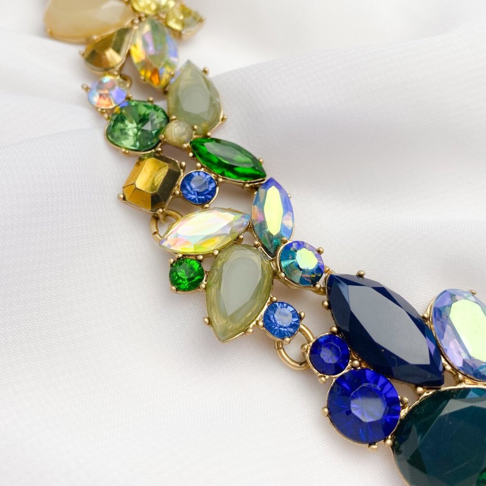 J. Crew Blue Green Yellow Ombre Chunky Rhinestone Gem Jewel Statement Necklace - Picture 4 of 13